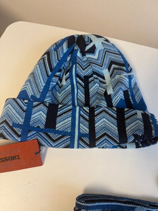 Missoni Hat & Scarf Set NWT 100% Cotton Blue Chevron Zigzag Made in Italy main image 6